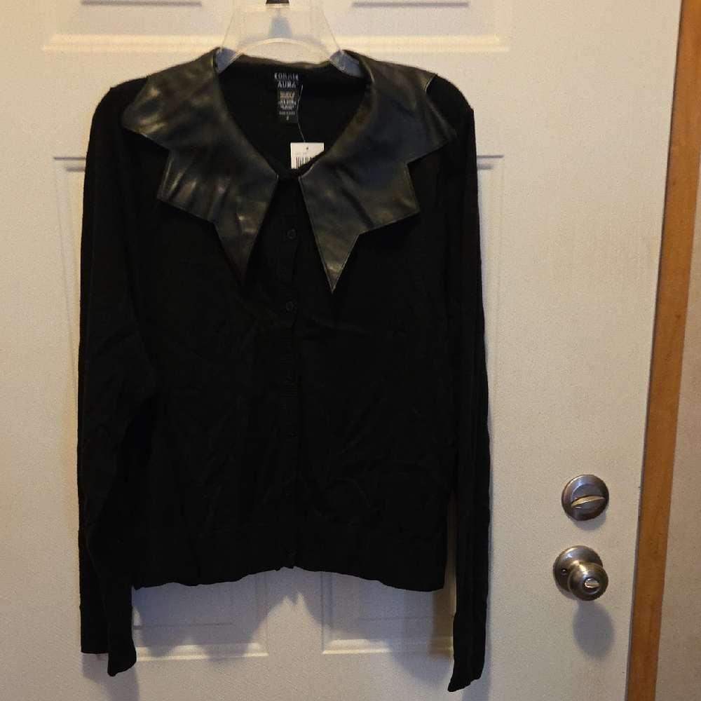 Aqua Black Button-Up Cardigan with Faux-Leather Pointed Collar